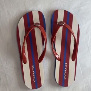 Coach Flip Flops Thong Sandals Red White Blue Stripe Logo Sz 10B‎ Vacay Vacation